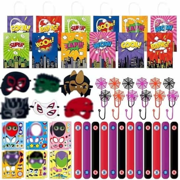 60Pcs Superhero Party Favor for Kids Birthdays, Gifts for Boys-Girls and Amazing Friends, Action Hero Supplies, Spider Decorations, Includes Masks, Slap Bracelets, Bags, Stickers, Sticky Web$$