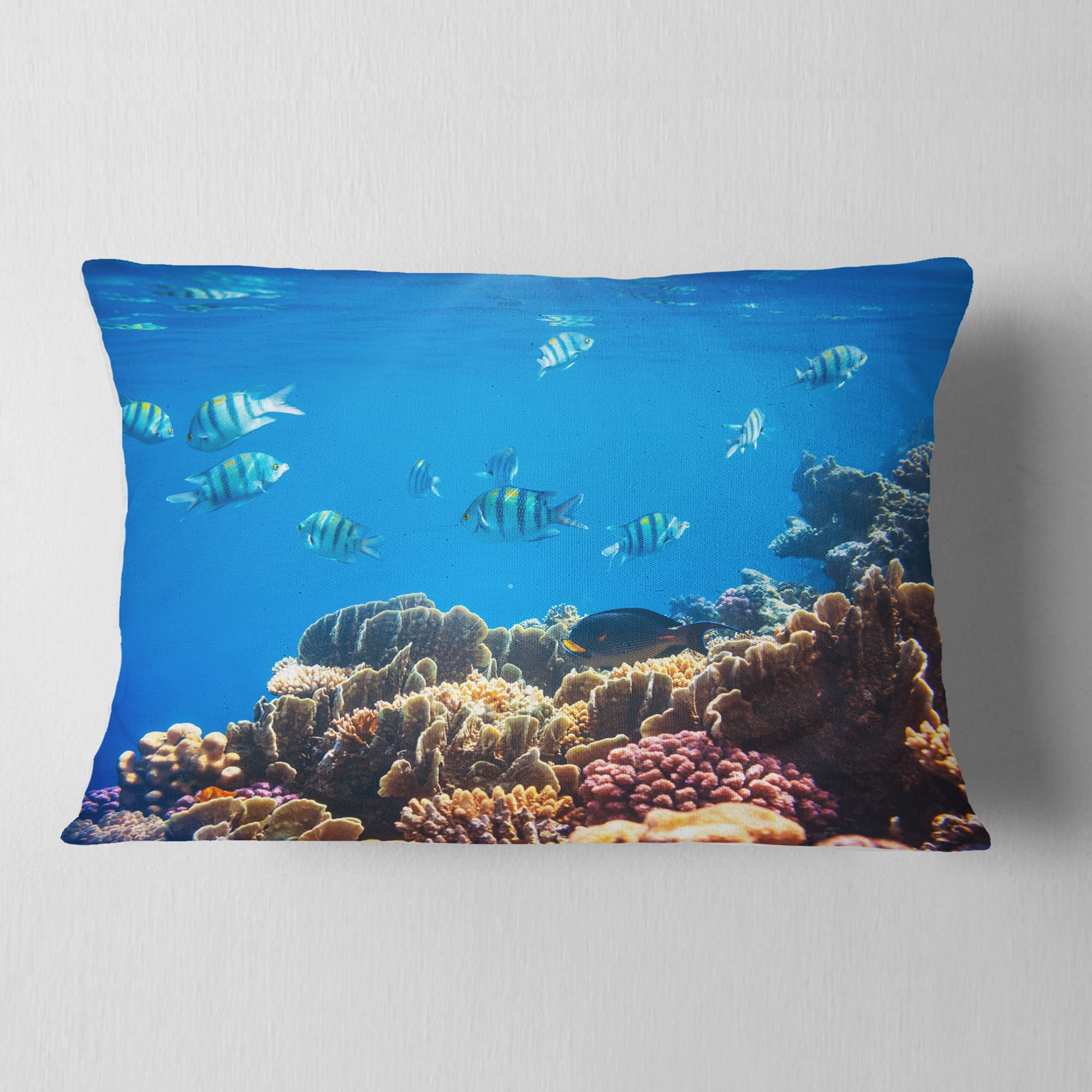 Designart Bright Blue Waters and Coral Fish - Seashore Throw Pillow - 12x20