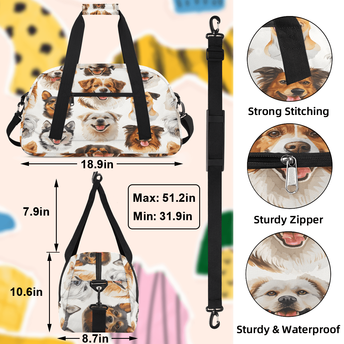 Herdesigns Cute Dogs Sports Duffle Bag for Women & Men, Puppy Pets Gym Bag Dance Bag Overnight Bag Carry On Weekender Travel Bag