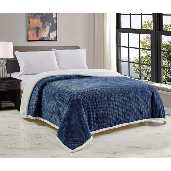Décor&More HomeEssentials Extra Heavy and Plush Chevron Braided Queen Size Microplush Jacquard Blanket with Sherpa Backing (90" x 90") - Navy