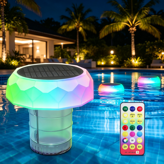 Waterproof Solar Floating Chlorine Tablet Dispenser, Remote‑Operated Color‑Changing LED Pool Floater, Dual‑Purpose Pool Maintenance & Night Atmosphere Accessory(A#3)