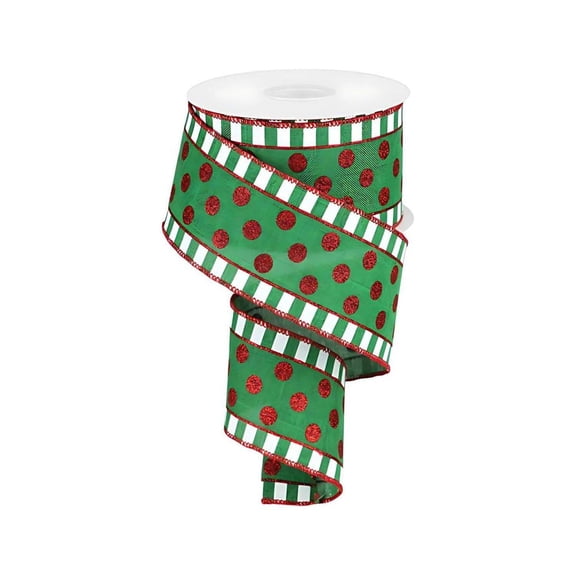 2.5" Dots  Stripes Glitter Ribbon: Emerald Green, White  Red (10 Yards)