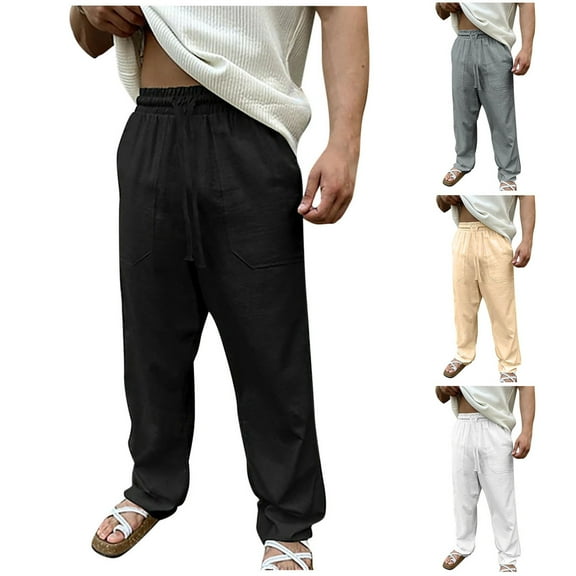 RYDCOT Mens Casual Cotton Linen Pants Elastic Waist Drawstring Straight Summer Beach Pants White