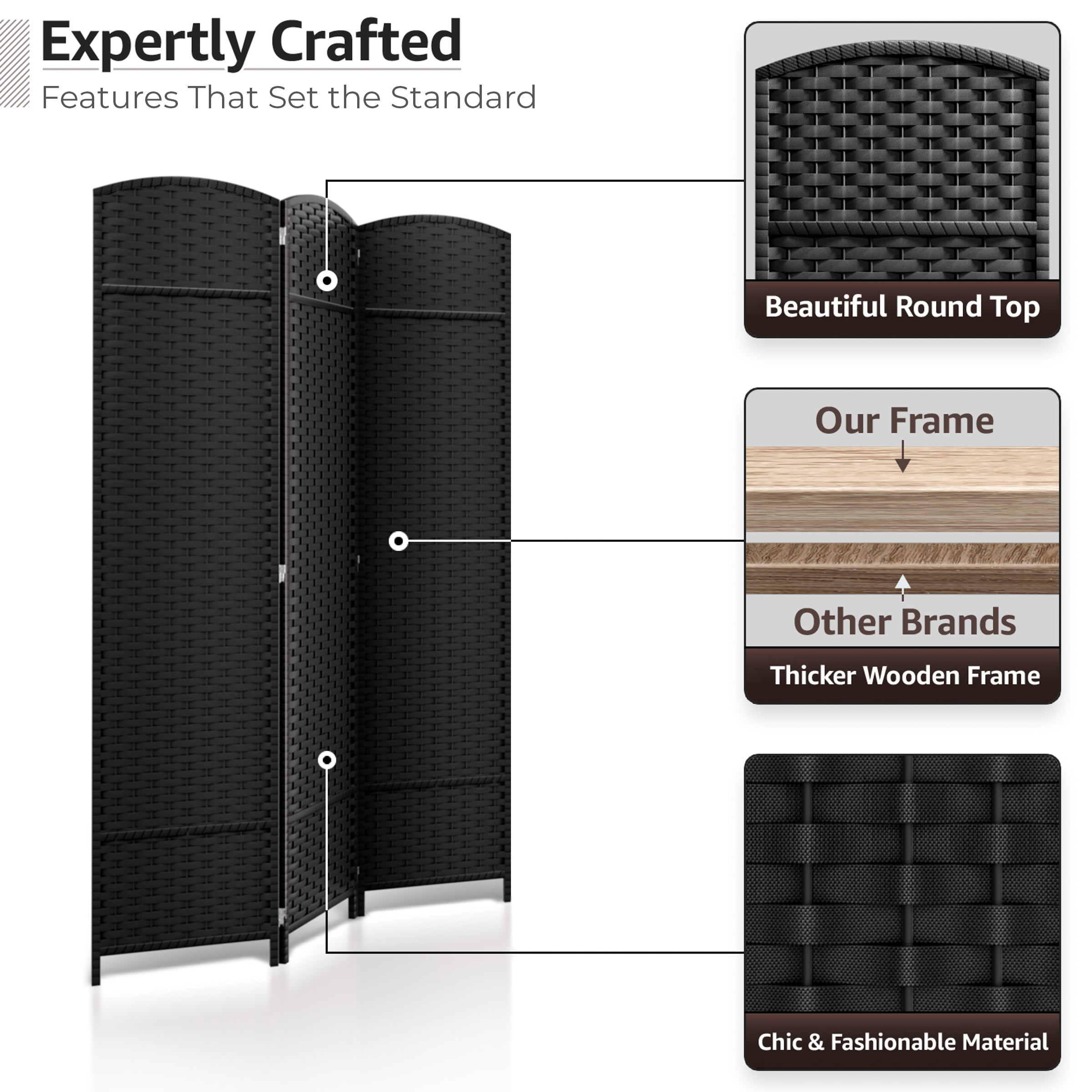 Sorbus 3-Panel Wide Folding Room Divider Privacy Screen, Hand-Woven Black Mesh