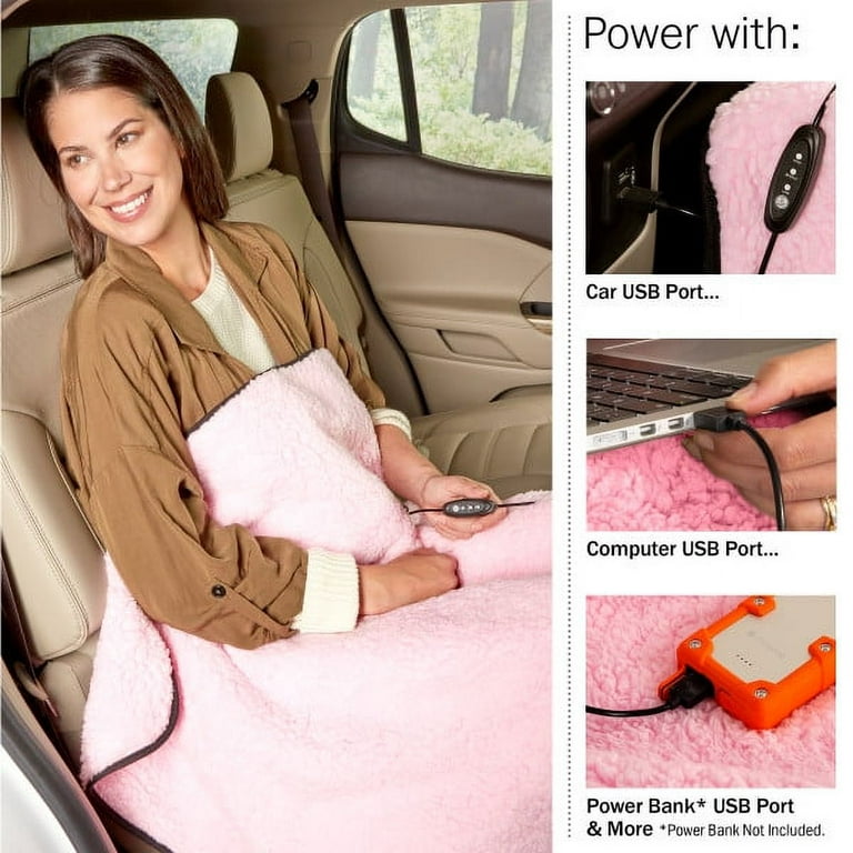 Stalwart Heated Blanket 2-Pack - USB-Powered Sherpa Throw Blankets for Travel, Home, Office, or Camping - Winter Car Accessories (Pink)