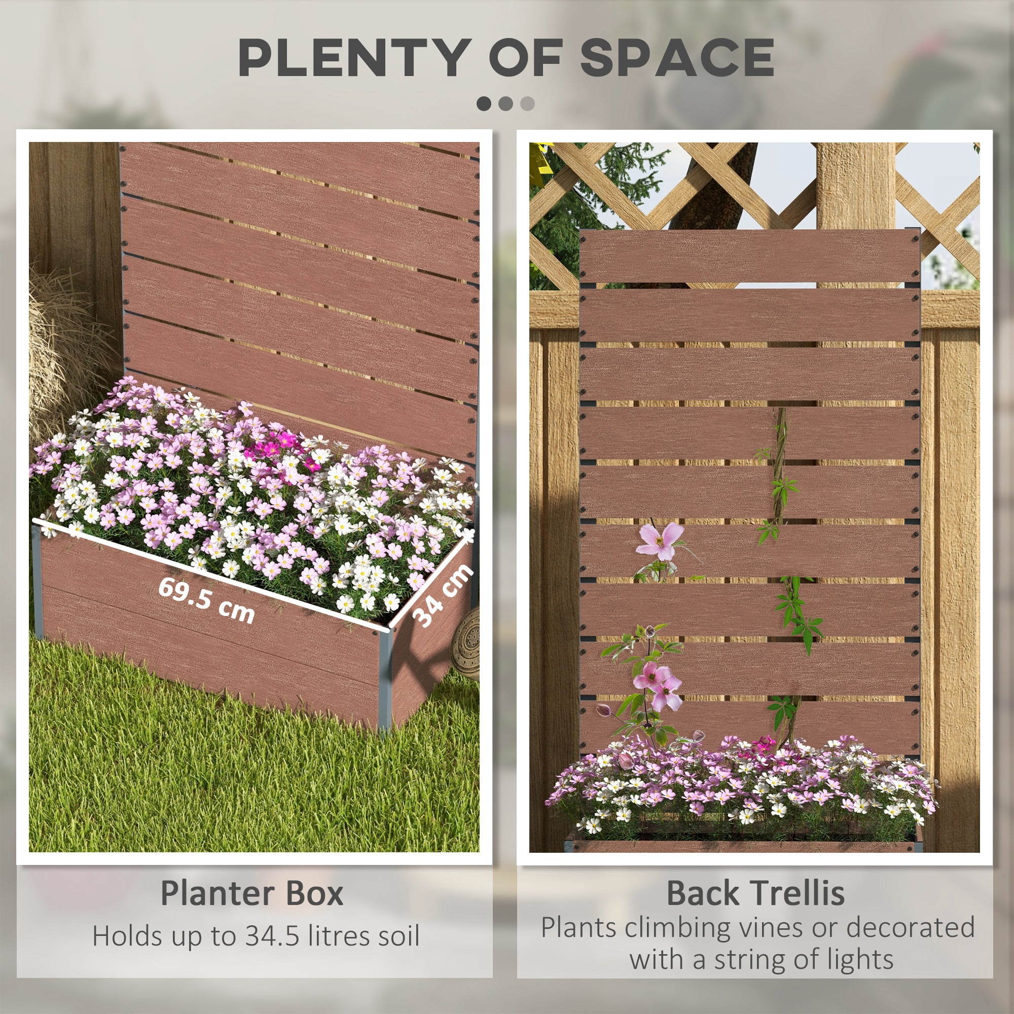 Raised Garden Bed with Trellis for Climbing Plants, Planter Box with Drainage Gap, Freestanding Trellis Planter for Outdoor, Patio, Deck, 28.25" x 15" x 59", Brown
