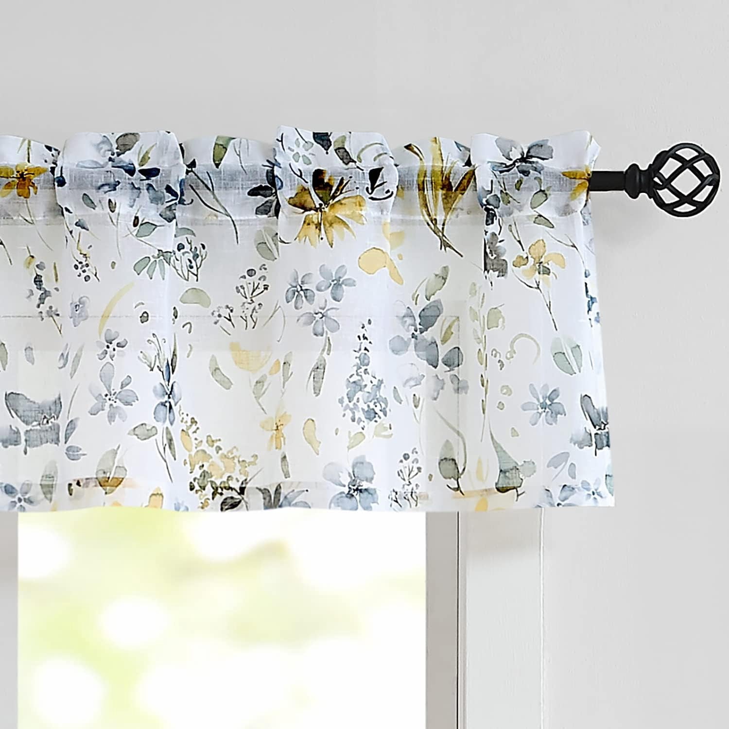 Watercolor Floral Sheer Kitchen Curtains and Valances Set for Cafe 3 Piece Yellow and Grey Flower Print Tiers&Valance Set 24 inch Length Rod Pocket