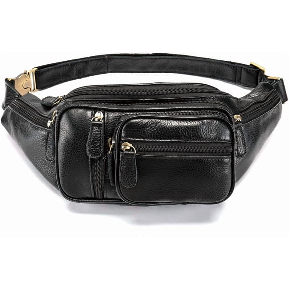 MARRANT Genuine Leather Fanny Pack for Men, Large Capacity Crossbody Waist Bag with Multiple Zipper Pockets, Black
