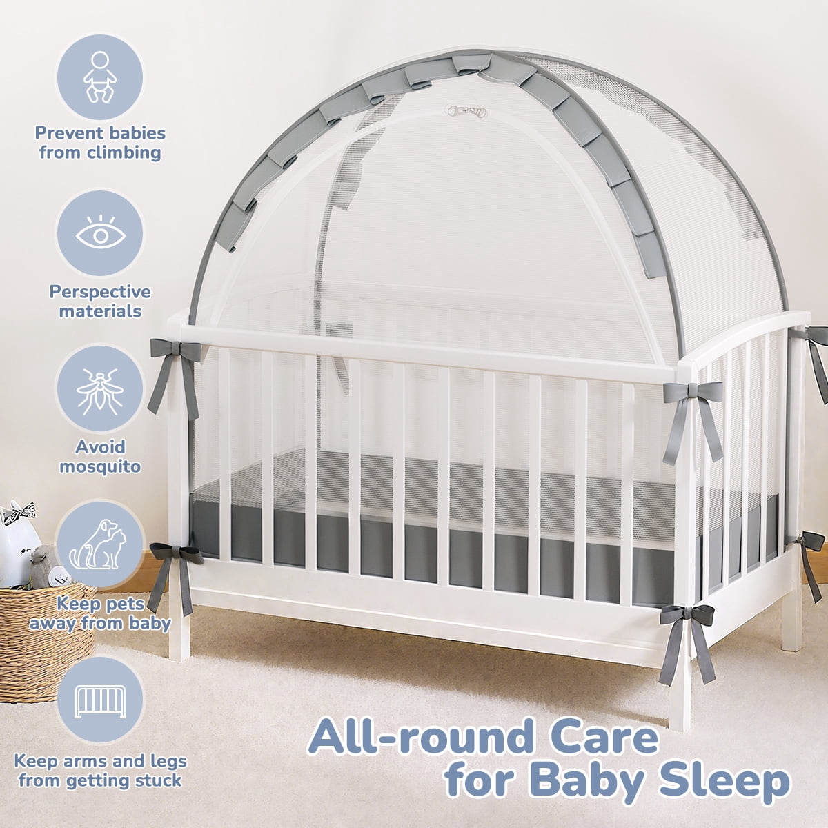 Crib Tent for Baby, Caveen Baby Crib Cover, Pop up Crib Canopy with Auto-Lock Zipper, Large Opening and Space, Portable