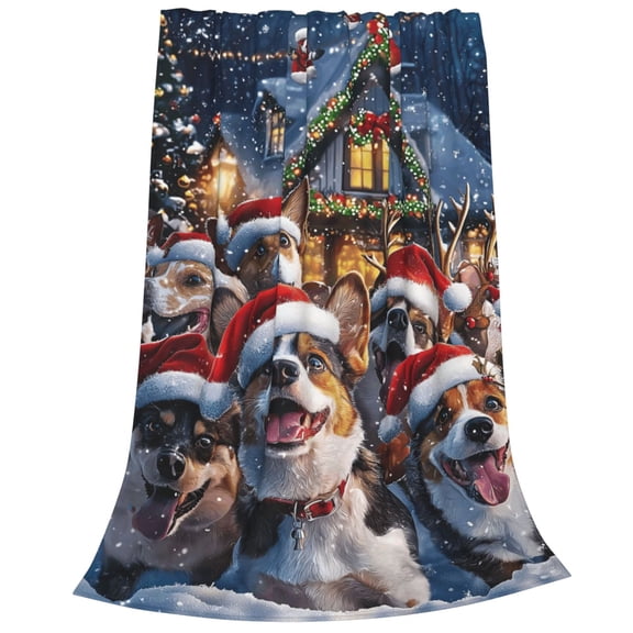 Festive Corgi Pack Flannel Throw Blanket,Snowy Cabin Dog Santa Hat Blanket, Winter Holiday Flannel Blankets 50x40