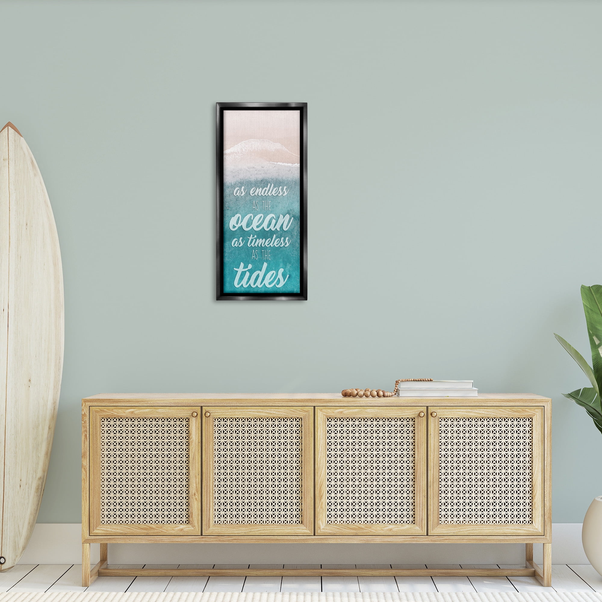 Stupell Industries Timeless As Tides Beach Phrase Inspirational Painting Black Floater Framed Canvas Art Print Wall Art, 15 x 31