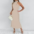 thumbnail image 5 of SMihono Women's Long Formal Satin Dress Mock Neck Sleeveless Side Slit Flowy Maxi Tank Dress Cocktail Party Dresses Beige L, 5 of 8