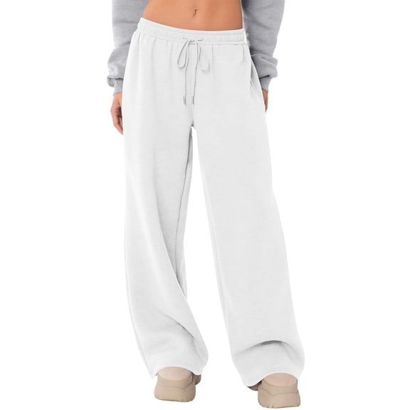Women Fleece Lined Wide Leg Sweatpants - Drawstring Elastic Waisted Barrel Pants Loose Casual Lounge Travel Pants,White M