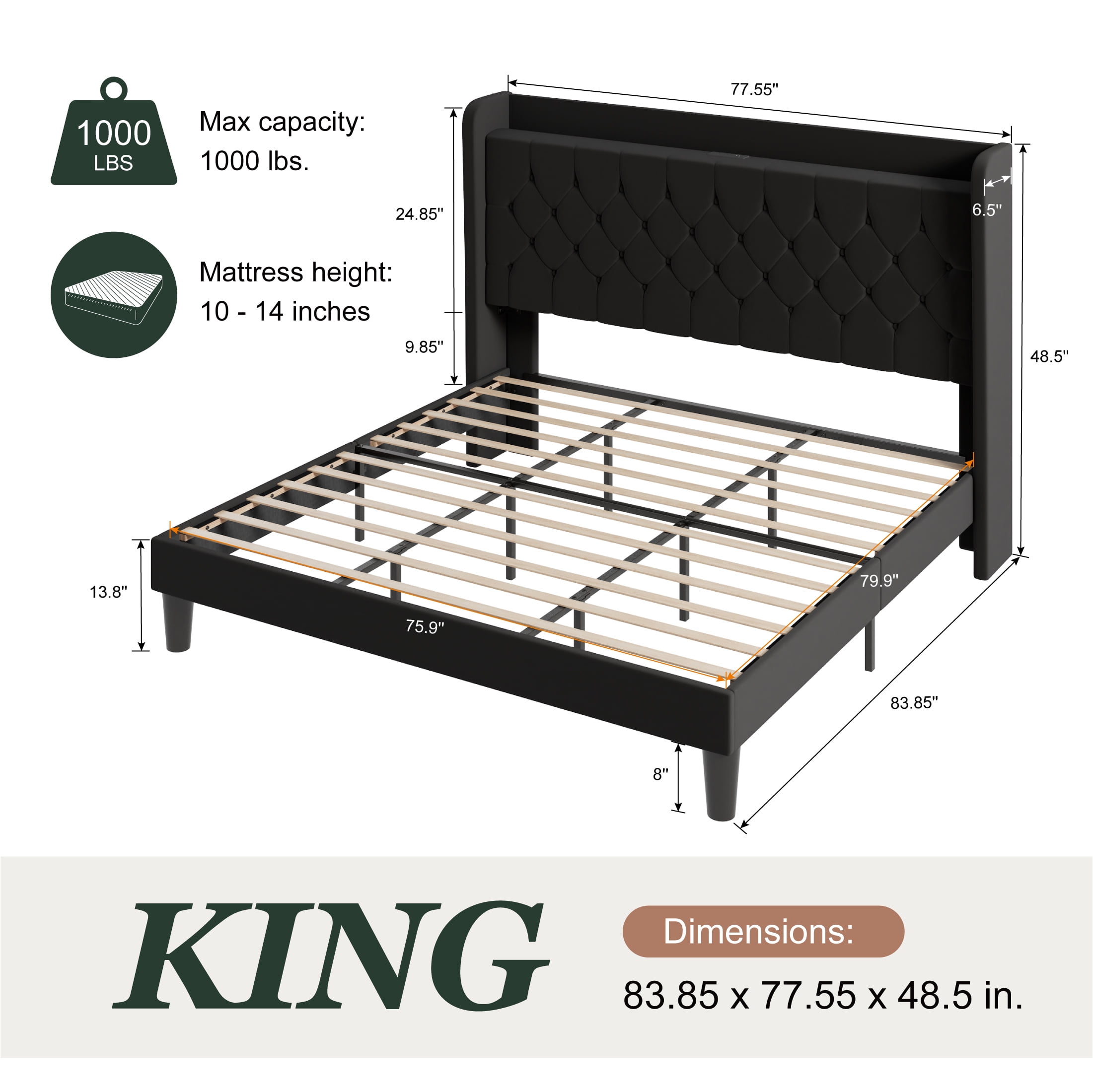 Einfach King Bed Frame, Upholstered Platform Bed with Storage Wingback Headboard and Fast Charging Hub, No Box Spring Required, Black