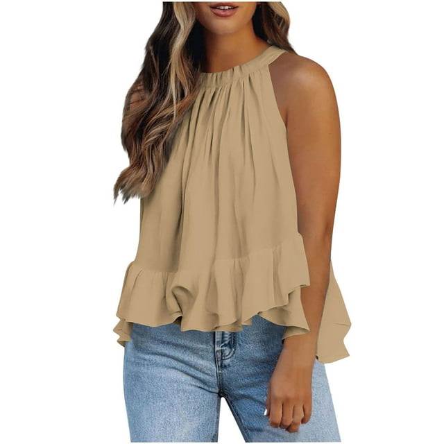 Weiqiqre Women's Clothing Adjustable Tie Neckline Ruffle Hem Sleeveless Flowy Halter Tops