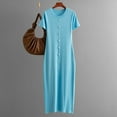 thumbnail image 2 of Fartey Womens Knit Dresses Slim Fit Short Sleeve Button Down Tunic Dress Elegant V Neck Maxi Dresses Fashion Going Out Dress Sky Blue Free Size, 2 of 6