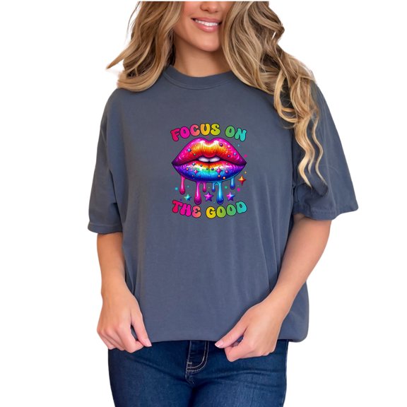 Colorful Rainbow Lips Dripping Art Focus on the Good T-Shirt, Inspirational Graphic Tee, Positive Message Shirt, Trendy Outfits, Denim Comfort Colors T-Shirt, Small