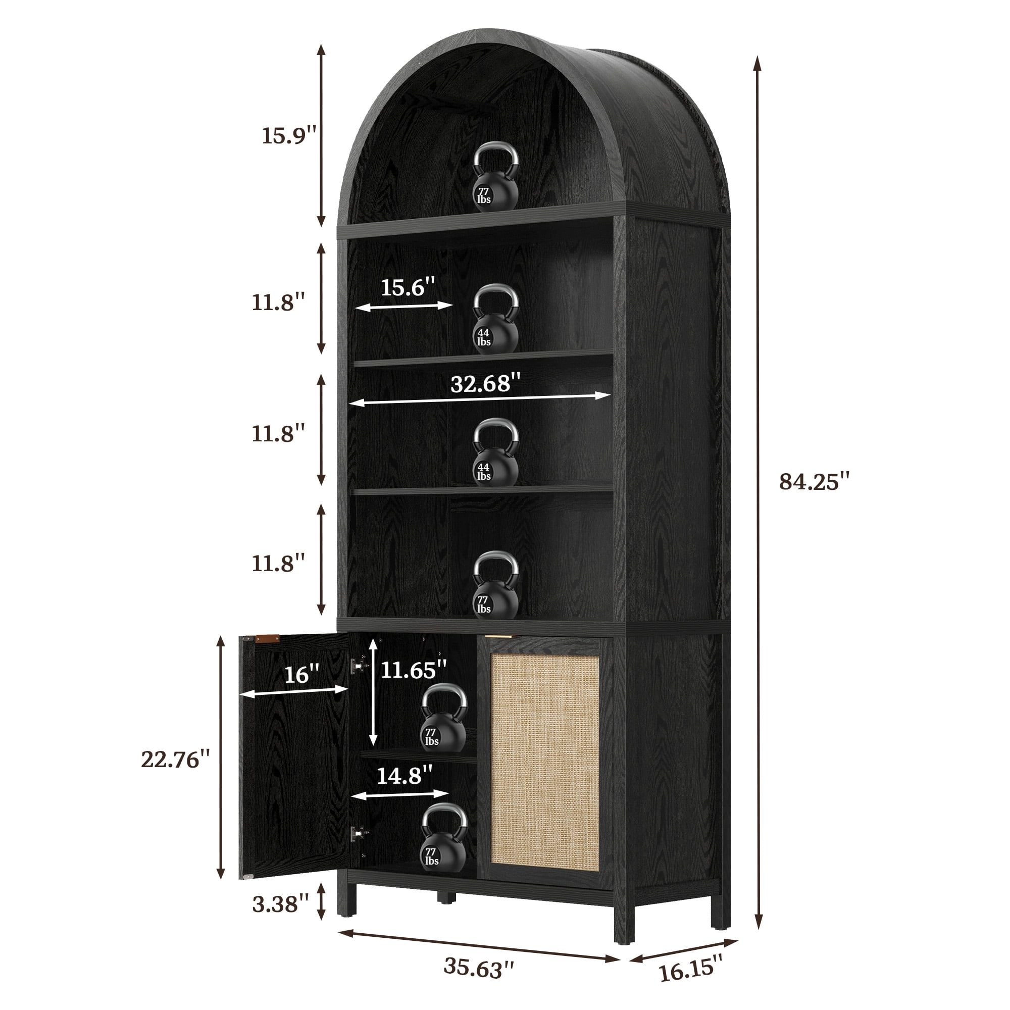SICOTAS 84.2"H Tall Rattan Arched Pantry Cabinet with Adjustable Shelves, Oversized Boho Farmhouse Floor Storage Organizer for Kitchen, Dining Room & Home Decor,Black Oak