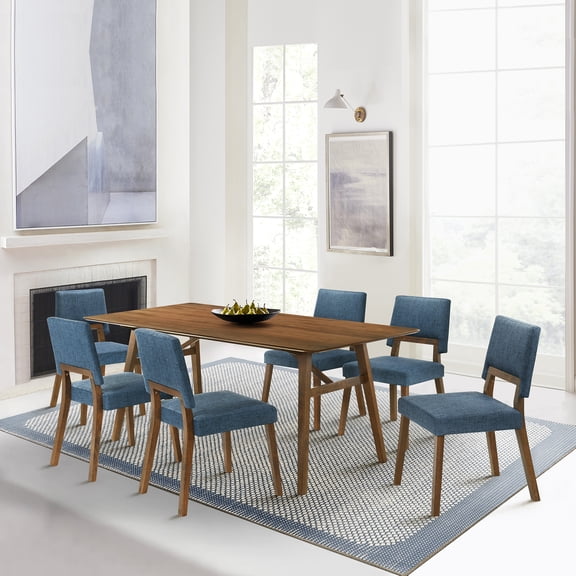 Channell Wood Dining Chair in Walnut Finish with Blue Fabric - Set of 6