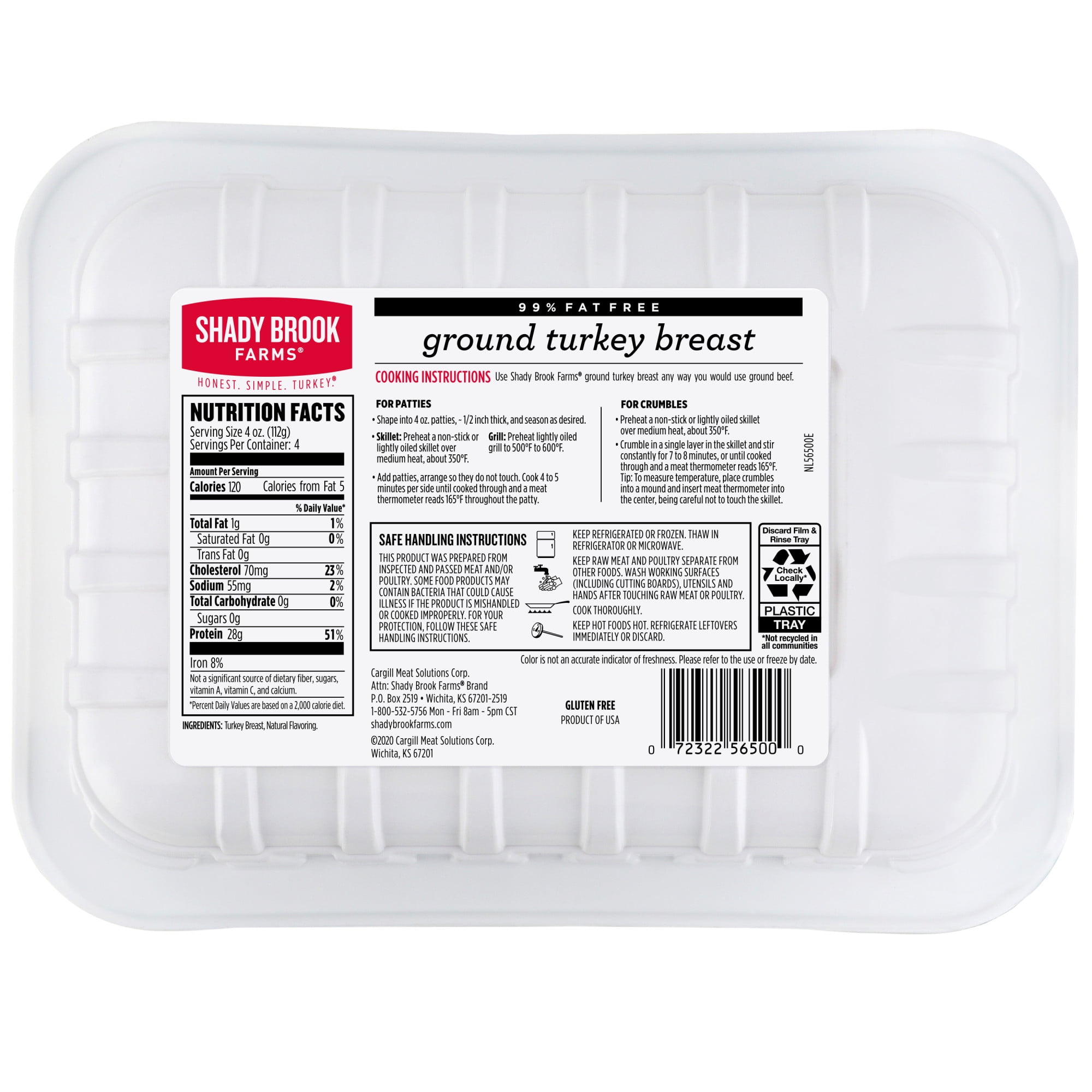 Shady Brook Farms Ground Turkey Breast, 98/2%, Tray, 1 Pound, 24 Grams of Protein per Serving