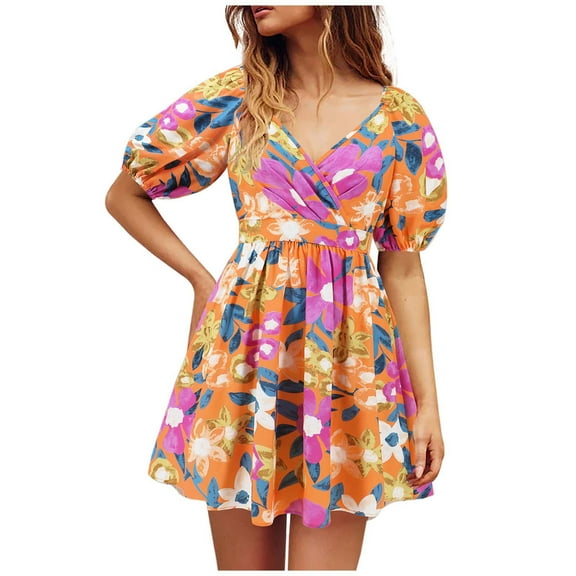 vigerkar Women's V-Neck Floral Print Short Dress with Lantern Sleeves - Boho Chic Summer Mini Dress Orange, S