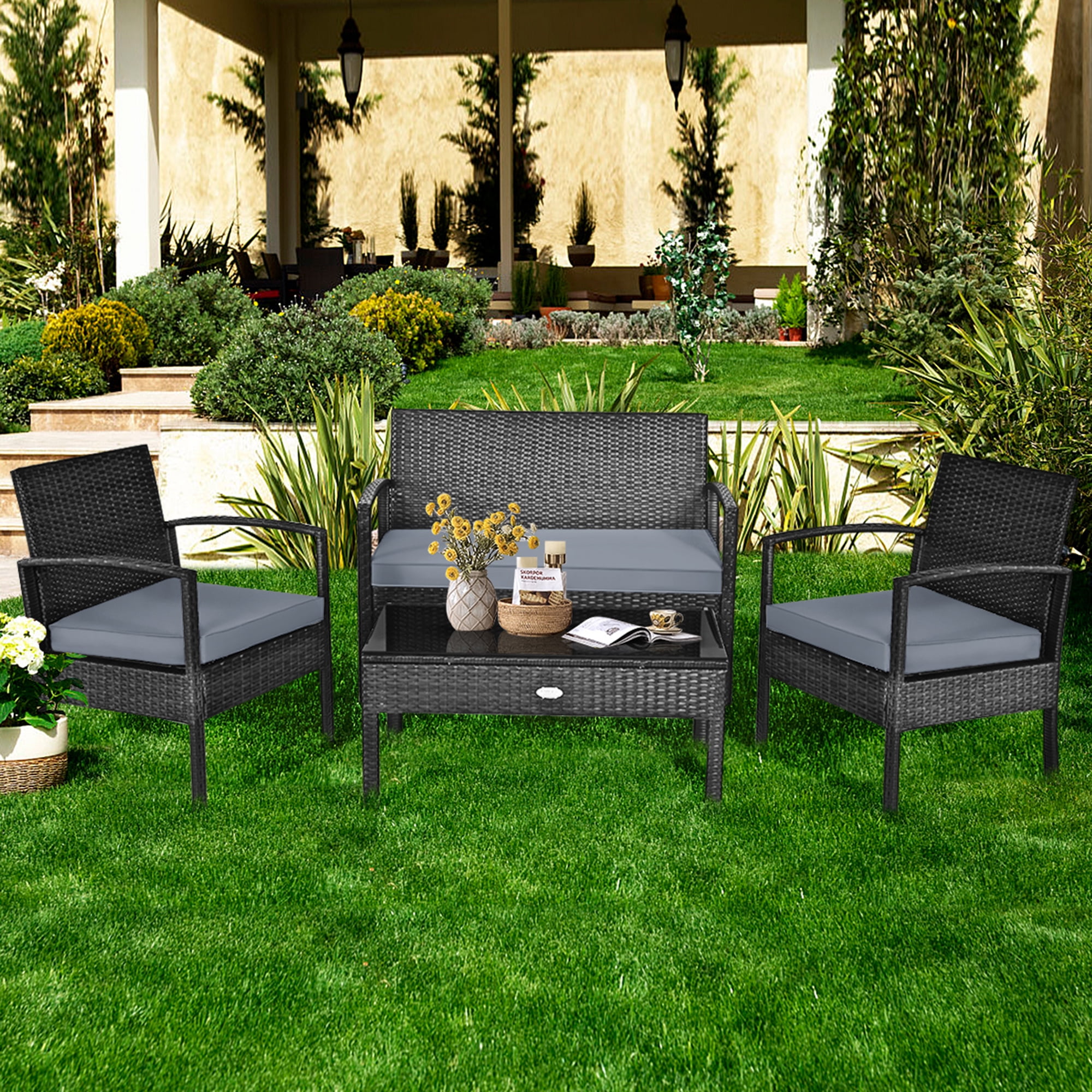 GYMAX Patio Garden 4PC Rattan Wicker Furniture Set In Black