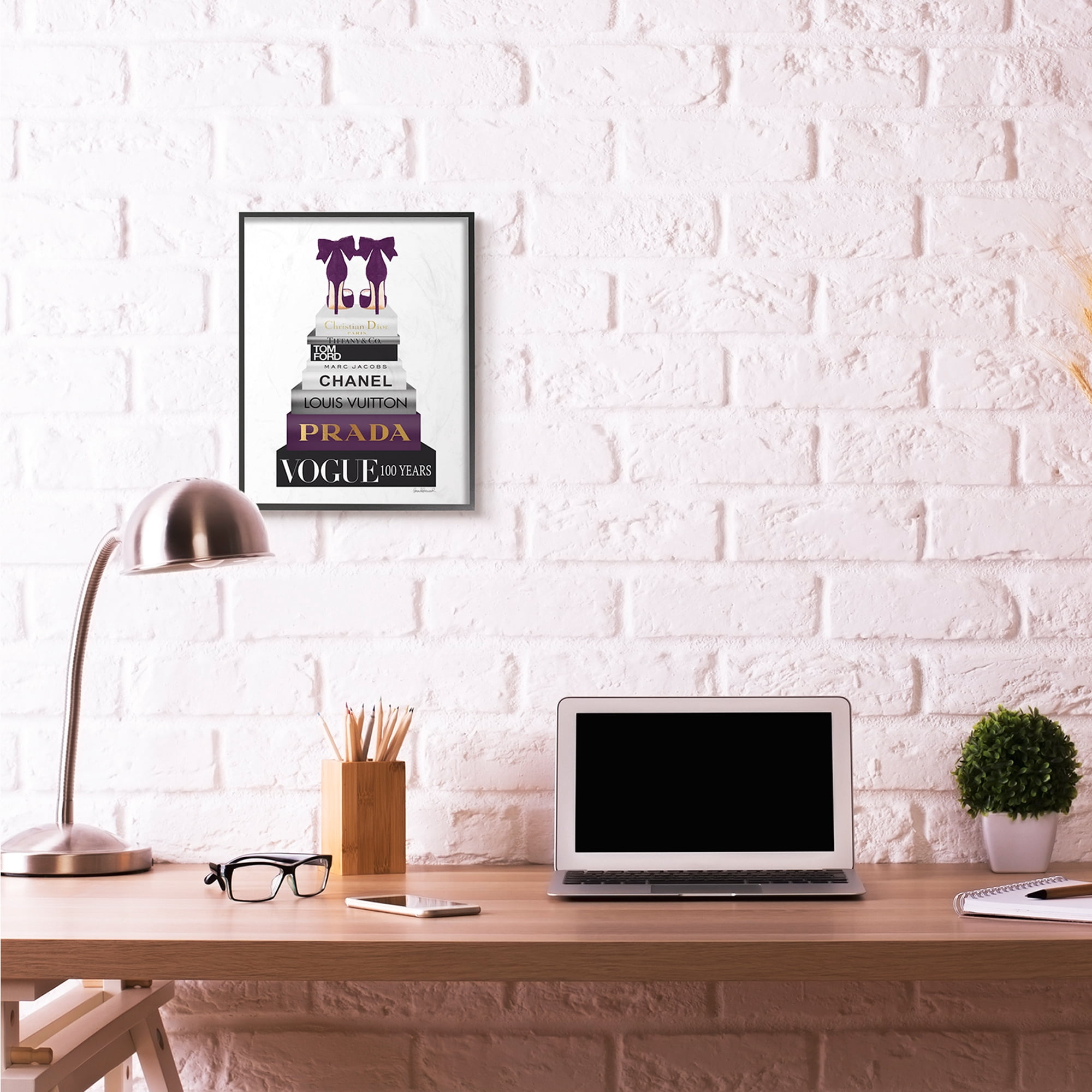 Stupell Industries Fashion Designer Shoes Bookstack Purple Gold Watercolor Framed Wall Art by Amanda Greenwood