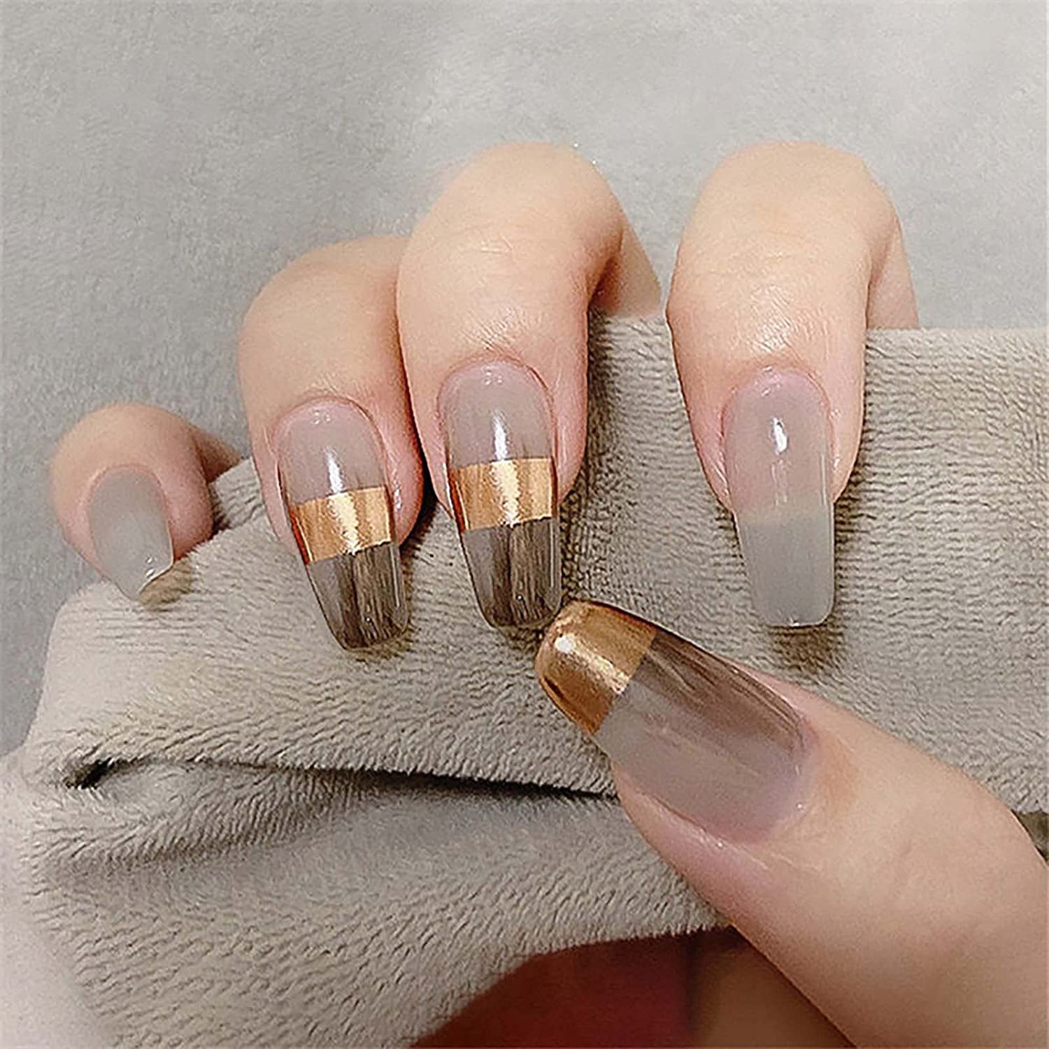 24 PCS Press on Nails Medium Length with Designs Chic Fashion Long Fake  Coffin Nails with Glue French Tip Acrylic Nails Ballerina Glossy False Nails  Tips Glue on Nails for Women and