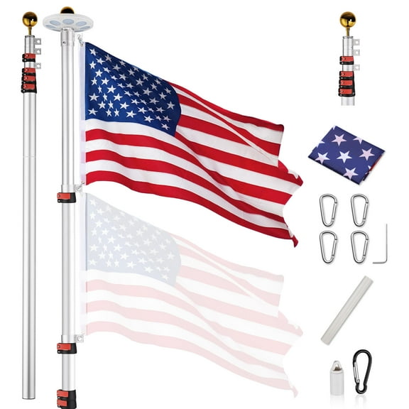 Yescom 25Ft Silver Telescopic Aluminum Flagpole Kit with 136 LED Solar Light set for Commercial Residential Outdoor