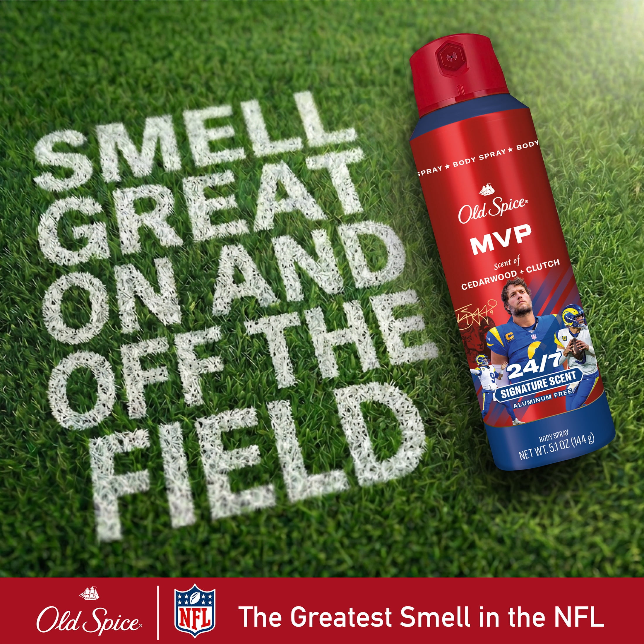Old Spice Deodorant Body Spray for Men, Aluminum Free, NFL Collection, Matthew Stafford, Scent of Cedarwood + Clutch, 5.1 fl oz