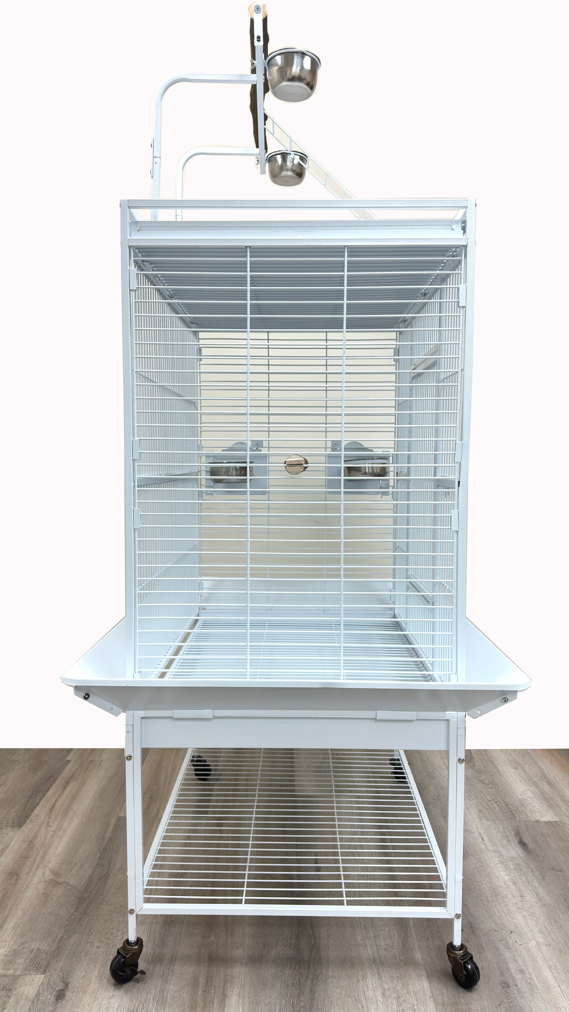Extra Large 32" x 23" x 69"H Elegant Sturdy Wrought Iron Double Ladders Play Perch Stand Top Bird Parrot Rolling Cage Stainless Feed Cups Natural Wooden Stand Perch Seed Guard Lockable Wheels