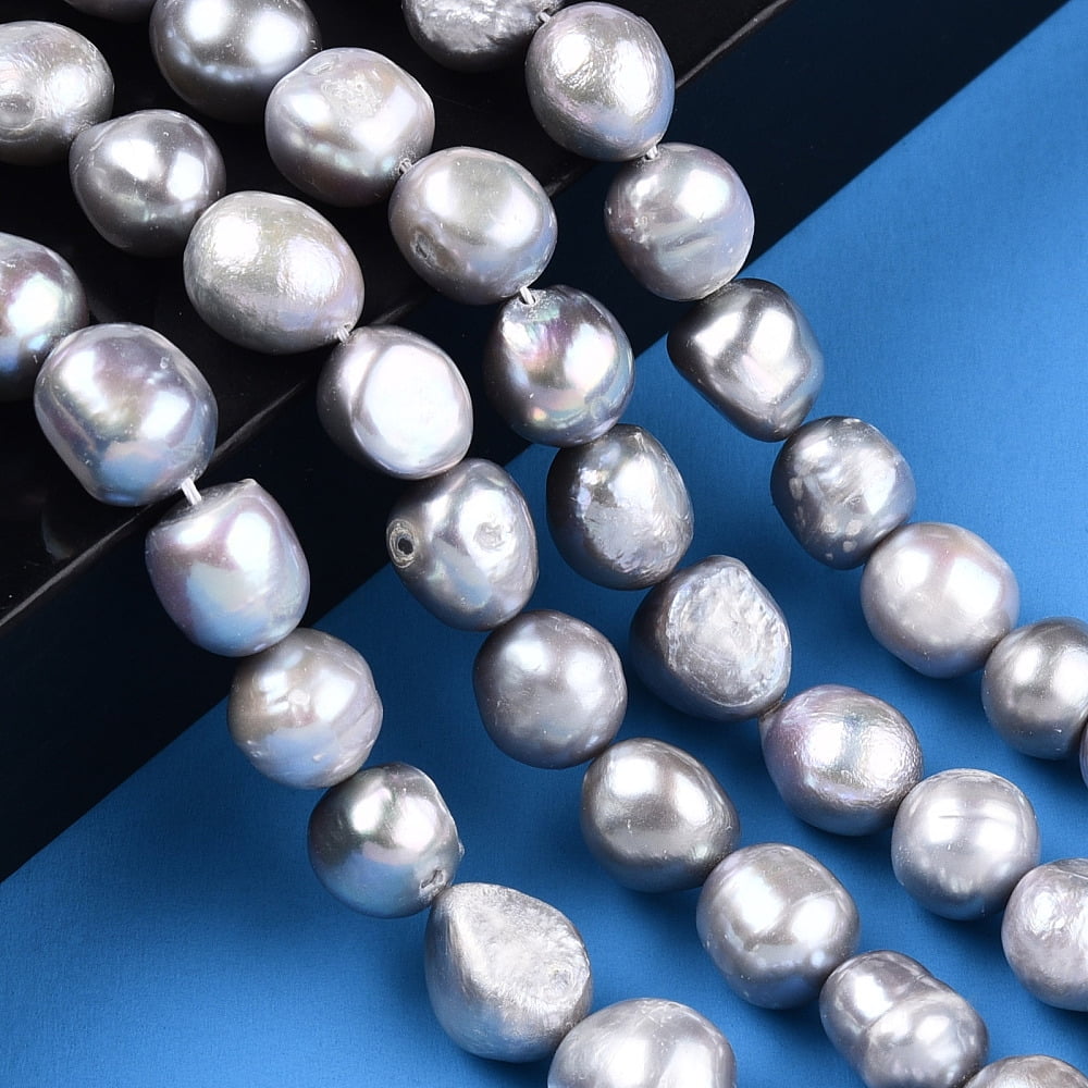 Natural Cultured Freshwater Pearl Beads Strands Baroque Pearls Keshi Pearl Beads Two Sides Polished Dyed Light Grey 8~14x9~12x9~11mm Hole: 0.7mm about 29~34pcs/strand 13.98~14.37 inch(35.5~36.5cm)