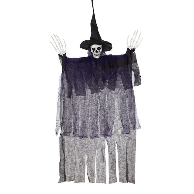 Décorations de Fantôme Squelette Suspendu pour l'Halloween - Faucheur 47,24 Po avec Cheveux, Bras Ajustables, Yeux Rouges Lumineux, Décoration d'Halloween Effrayante pour Intérieur et Extérieur