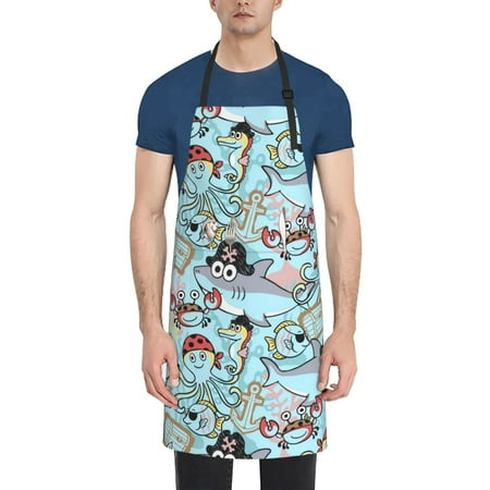 

Qekee Cartoon Pirate Print Waterproof Apron with Pockets Adjustable Cooking Aprons Kitchen Bib for Baking Household Cleaning