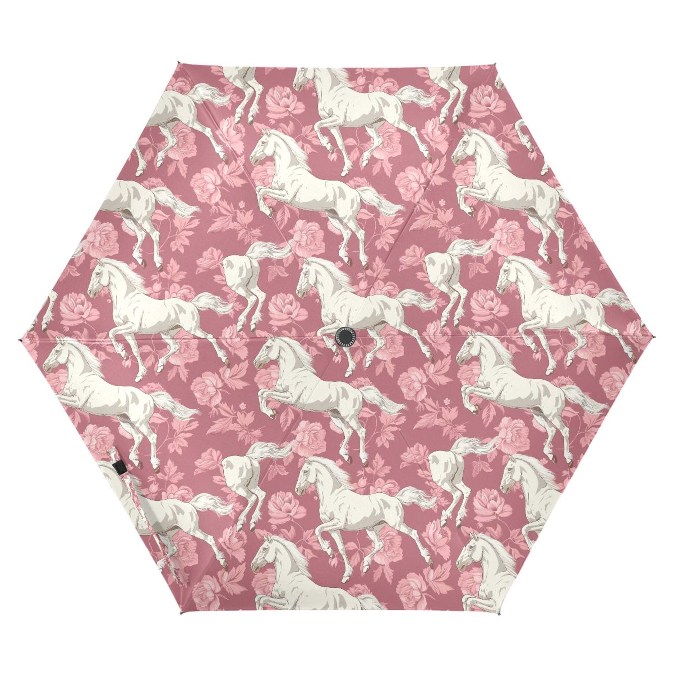 White Horse and Peonies Compact Sun Umbrella Windproof Travel Umbrellas for Rain Strong Portable UV Protection