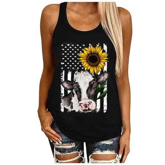 lcziwo Womens Patriotic Tank Top,Graphic Tank Tops for Womens 4th of July Summer Casual Loose Sleeveless Shirts Sunflower American Flag Printed Round Neck Tees 2024 Black XL