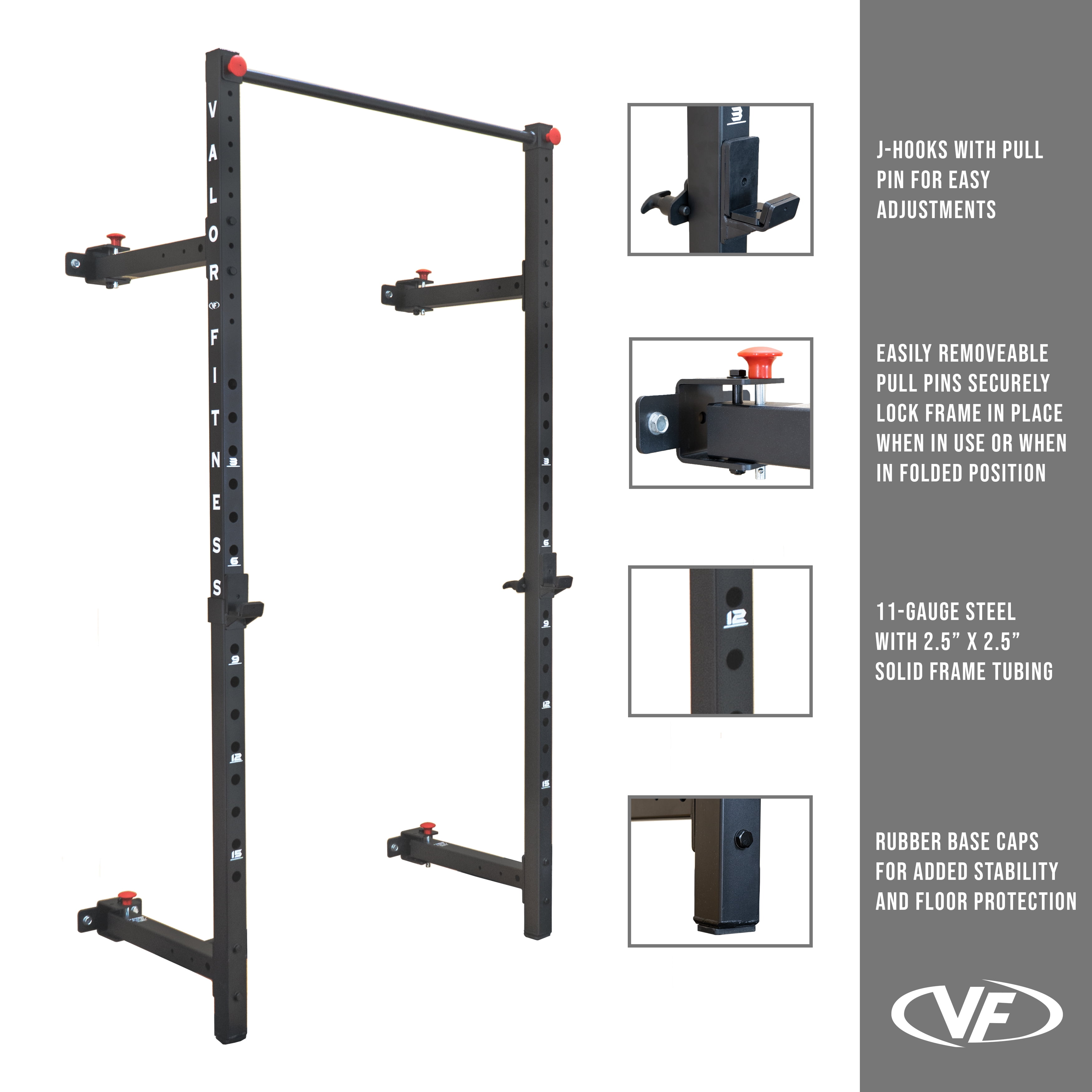 Valor Fitness Folding Squat Rack -Wall Mount Single, Bar, Workout, Pull up