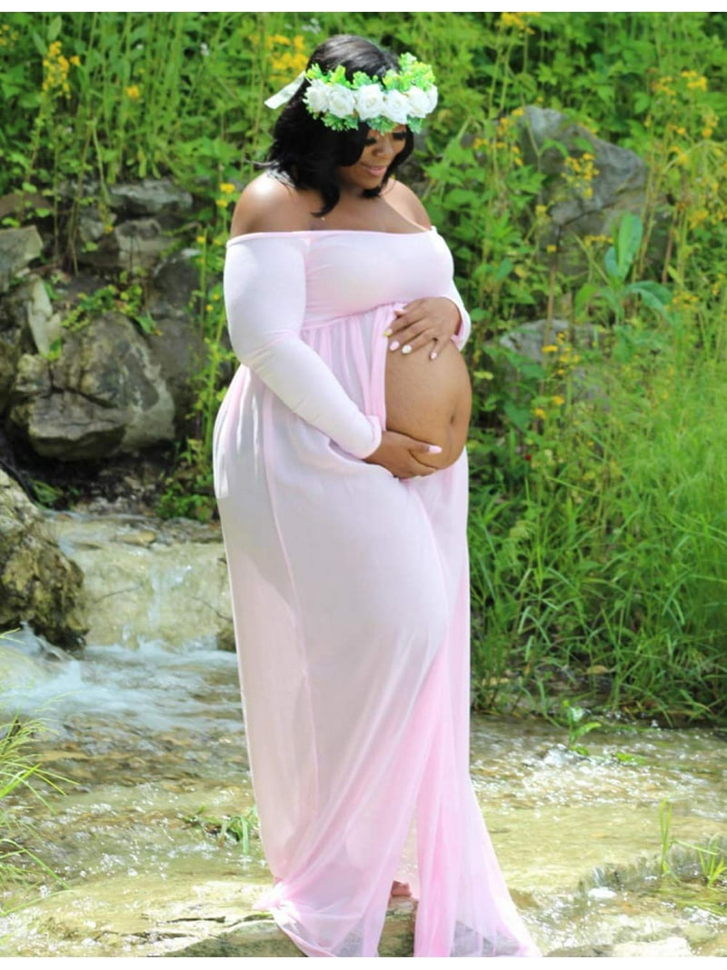 maternity off shoulder floor length dress Maternity Off Shoulder Chiffon Maxi Dress for Photoshoot, Pink / ONE SIZE