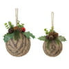 "Pack of 3 Burlap Music Ball with Holly and Bells Decorative Christmas Ornament 2-Piece Sets 7"""