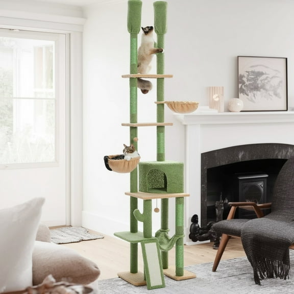 Pefilos Large Cat Tree Tower for Indoor Cats, Stable Adjustable 85"-112" Tall Cat Climbing Tree with Perches Multi-Level Cat Condo Furniture, Green