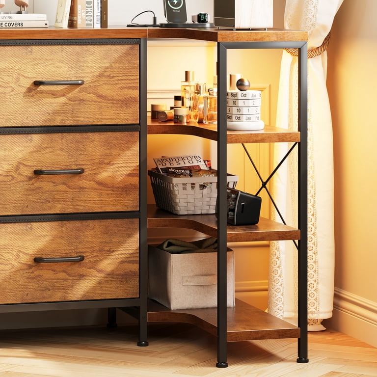 Corner Storage Cabinet with Drawers and Shelves, Dresser for Bedroom with  LED Lights & Charging Station, Reversible L Shape Corner TV Stand, Black