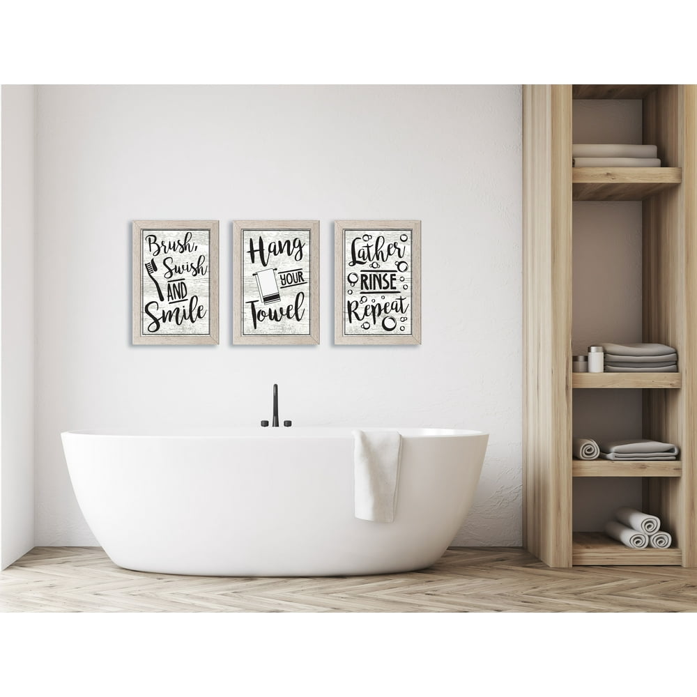 Gango Home Decor Bathroom Rules Typography Wall Art; Three Black