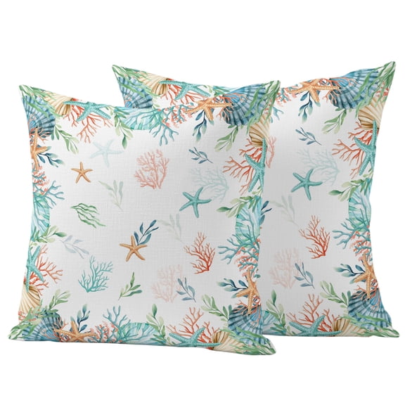 Outdoor Pillow Covers 26x26 Set of 2, Beach Coastal Waterproof Patio Throw Pillow Covers for Couch Sofa Chair, Summer Coral Starfish Nautical Ocean Decorative Pillowcases for Throw Pillows