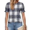 thumbnail image 5 of Echfiprom Tops for Women Puff Sleeve Navy Summer Plaid Elegant Soft Loose Womens Blouse Short Sleeve, 5 of 6