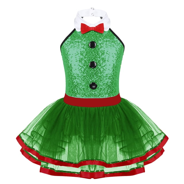 Aislor Robe de Cirque pour Filles Enfants Costume Paillettes Licou Ballet Danse Justaucorps Robe de Danse Moderne Tenue de Fête de Noël Vert 6