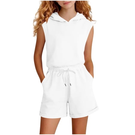 2 Piece Summer Set For Boys Girls Hooded Sleeveless Tank Tops Drawstring Elastic Waist Shorts Casual Trendy Outfits (7-8 Years White)