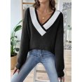 thumbnail image 6 of Womens Sweaters Long Sleeve - Knit Pullover Tops Contrast Color Stitching V-Neck Pullover Sweater Black L, 6 of 7
