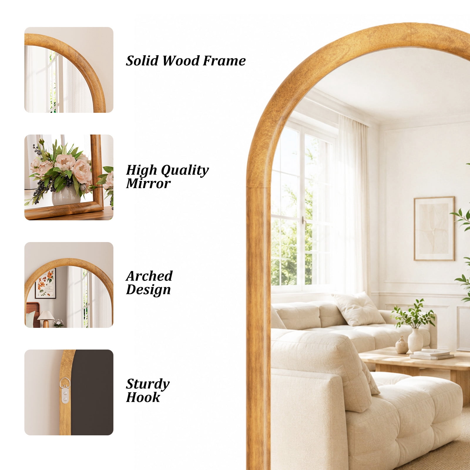 Easy4Home 36" x 24" Arched Bathroom Mirror Wall Decor with Wooden Frame, Natural Wood