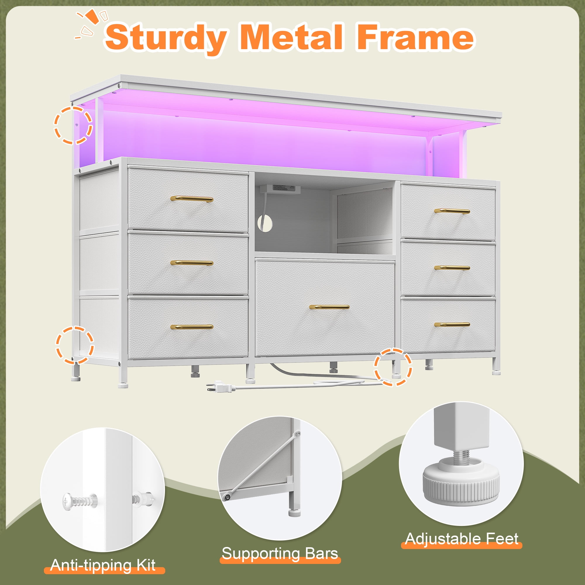 Dresser TV Stand for Bedroom with LED Lights & Power Outlets for 55" TV Wide Dresser for Bedroom with 7 Drawers & Open Shelves for Living Room, Sturdy Frame, White
