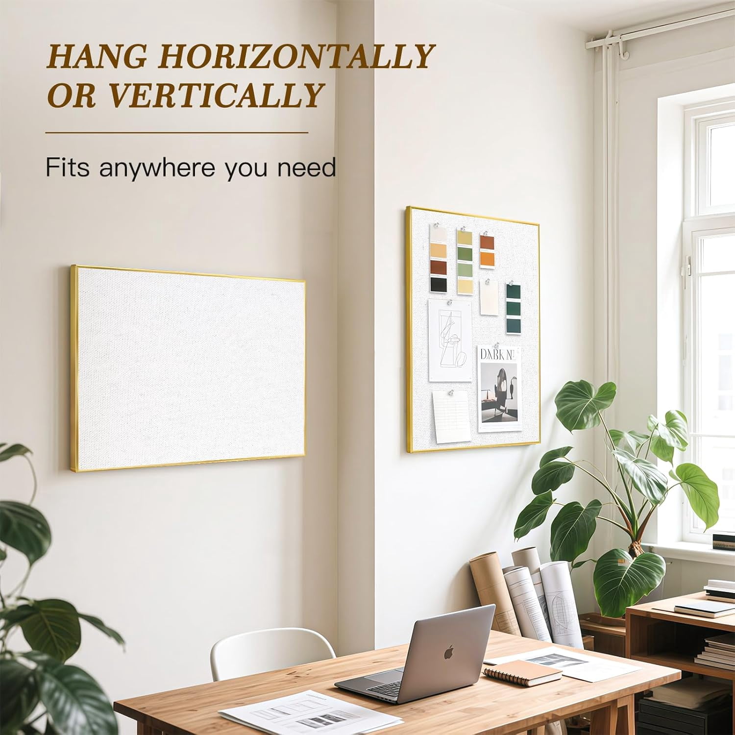 Linen Bulletin Board 24 x18 Inches, White Pin Vision Board, Gold Aluminum Framed Fabric Cork for Home Office Wall Decor, 10 Push Pins